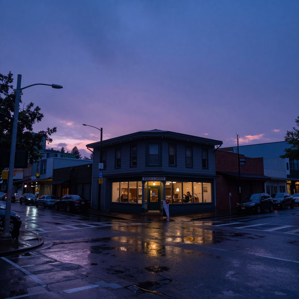 Nautical Dawn in Portland Oregon Rain Slicked Streets and Local Coffee Shop Exterior in in Portland, Oregon, United States