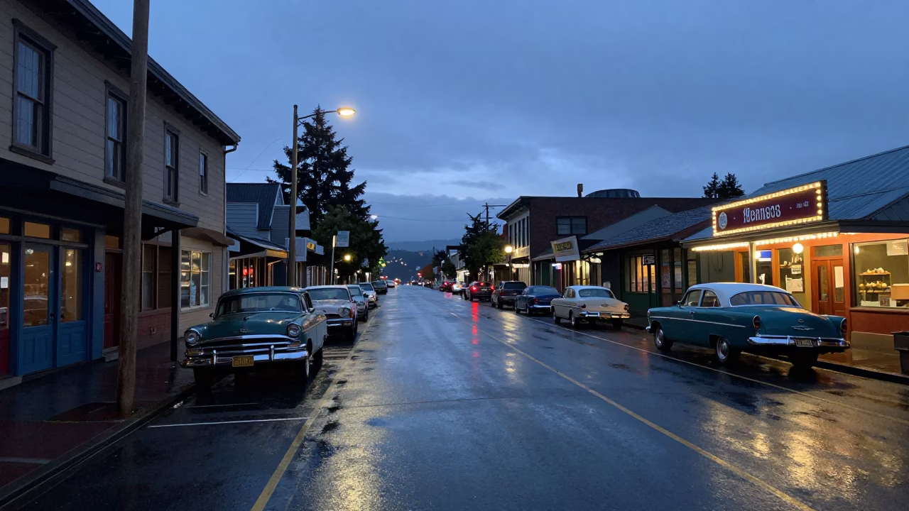 Nautical Dawn in Portland Oregon Wet Streets and Vintage 1950s Street Scene in in Portland, Oregon, United States
