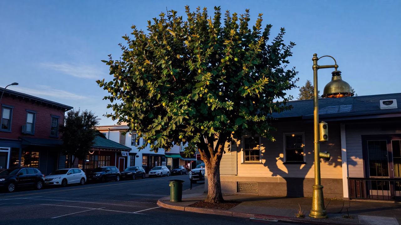 Nautical Dawn in Portland Oregon with Fig Tree and Vintage Brass Rim Details in in Portland, Oregon, United States