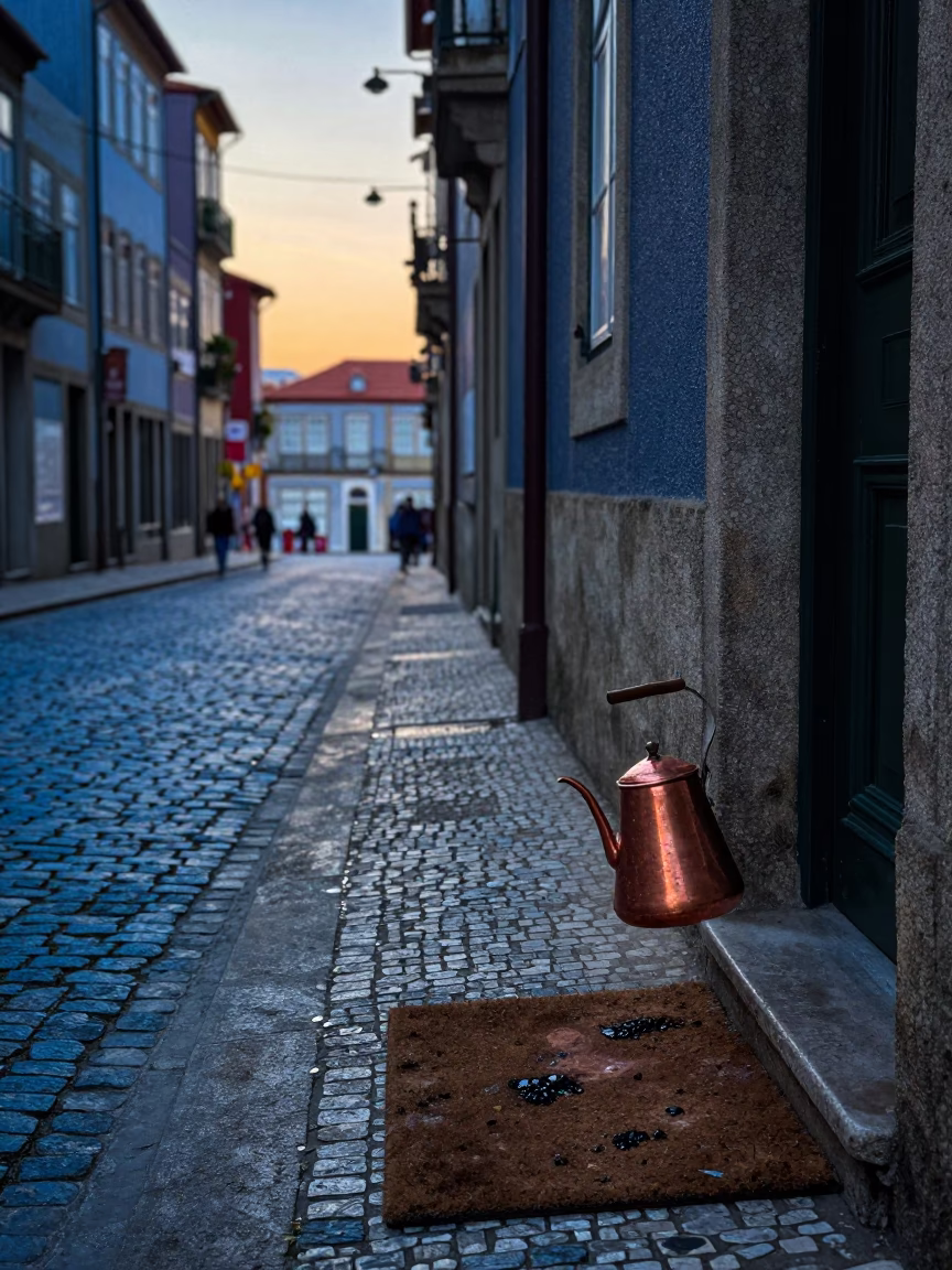 Nautical Dawn in Porto Portugal Street Scene with Copper Coffee Pot and Doormat in in Porto, Portugal