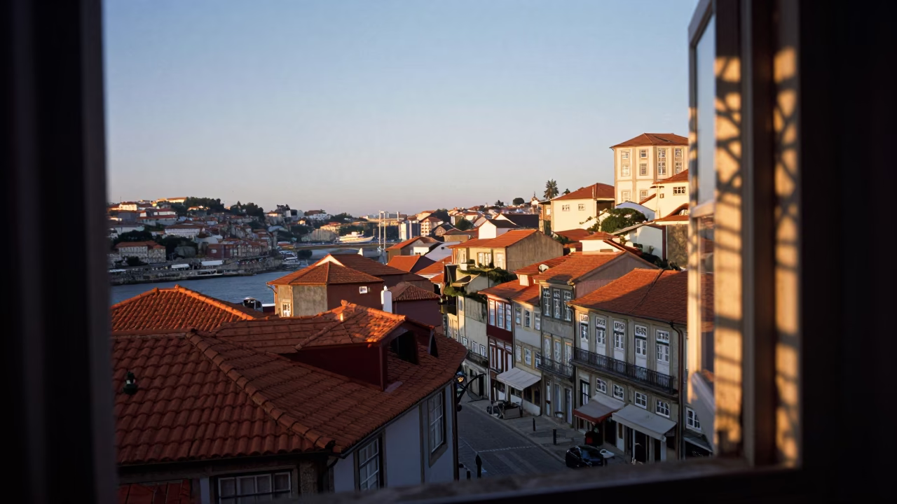 Nautical Dawn in Porto Portugal Street Scene with Wicker Shadow on Sill Edge in in Porto, Portugal