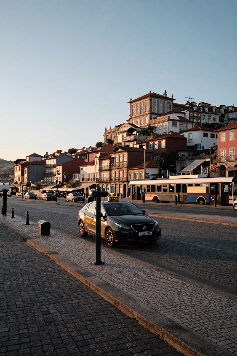 Nautical Dawn in Porto Portugal with Taxi Rank and Historic Architecture in in Porto, Portugal