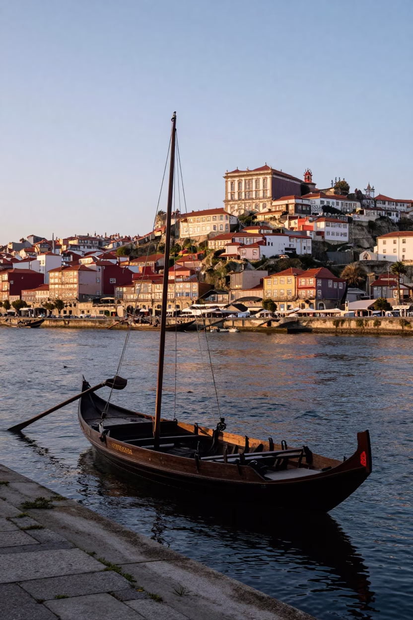 Nautical Dawn in Porto Portugal with Traditional Rabelo Boat and Historic Ribeira Quayside in in Porto, Portugal