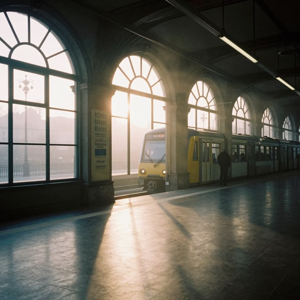 Nautical Dawn in Prague Czech Republic Metro Station with Art and Misty Rail Lines in in Prague, Czech Republic