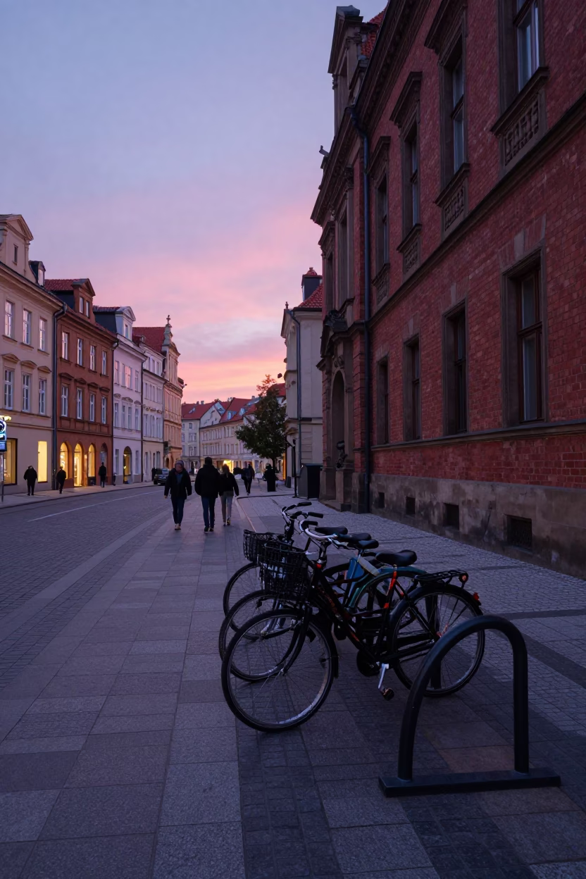 Nautical Dawn in Prague Czech Republic Street Scene with Bicycle Rack and Historic Architecture in in Prague, Czech Republic