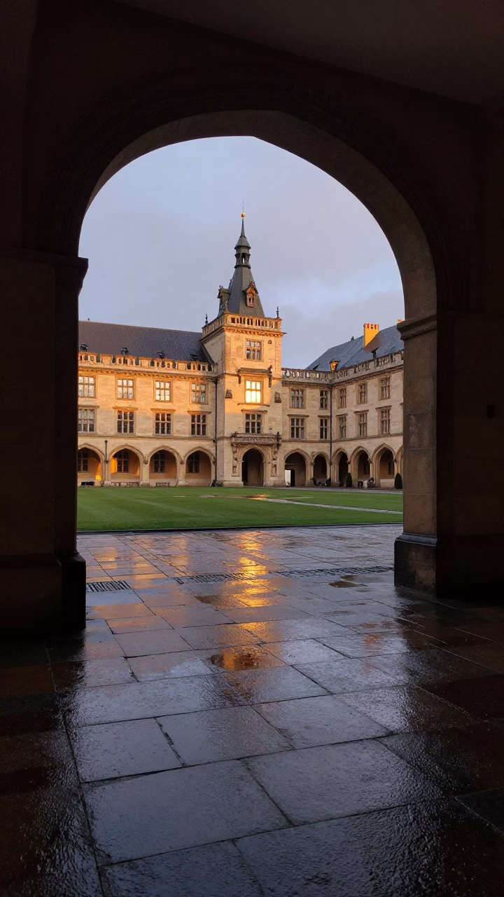 Nautical Dawn in Prague Czech Republic University Cloister Wet Flagstones and Morning Light in in Prague, Czech Republic