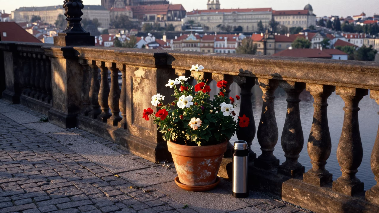Nautical Dawn in Prague Czech Republic with Flowering Plant and Thermos on Stone Balcony in in Prague, Czech Republic