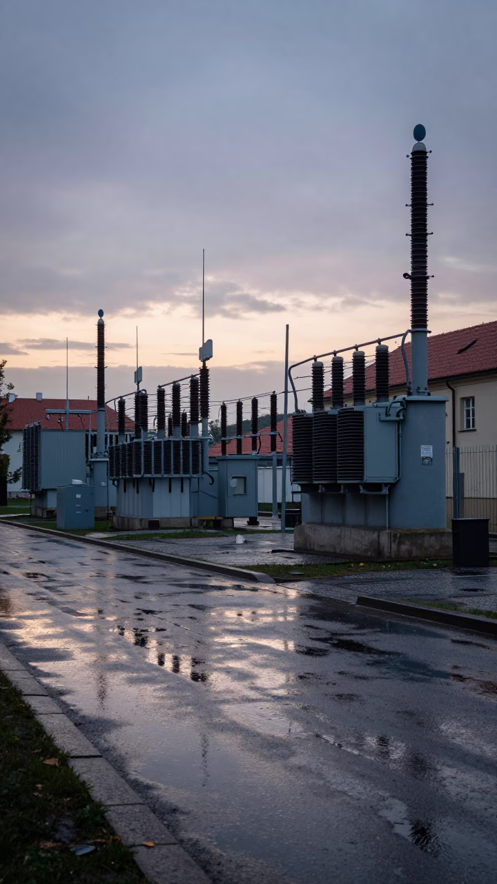 Nautical Dawn in Prague Czech Republic with Substation Transformer Yard and Rainwater Puddles in in Prague, Czech Republic