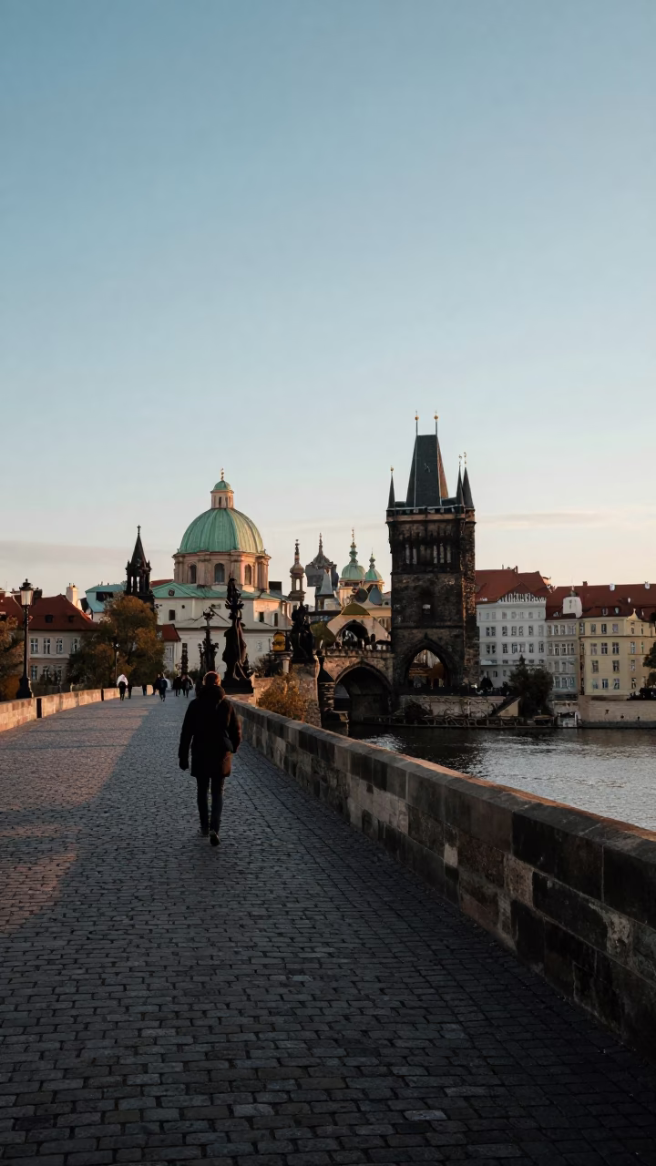 Nautical Dawn in Prague Czech Republic with Vintage Street Scene in in Prague, Czech Republic