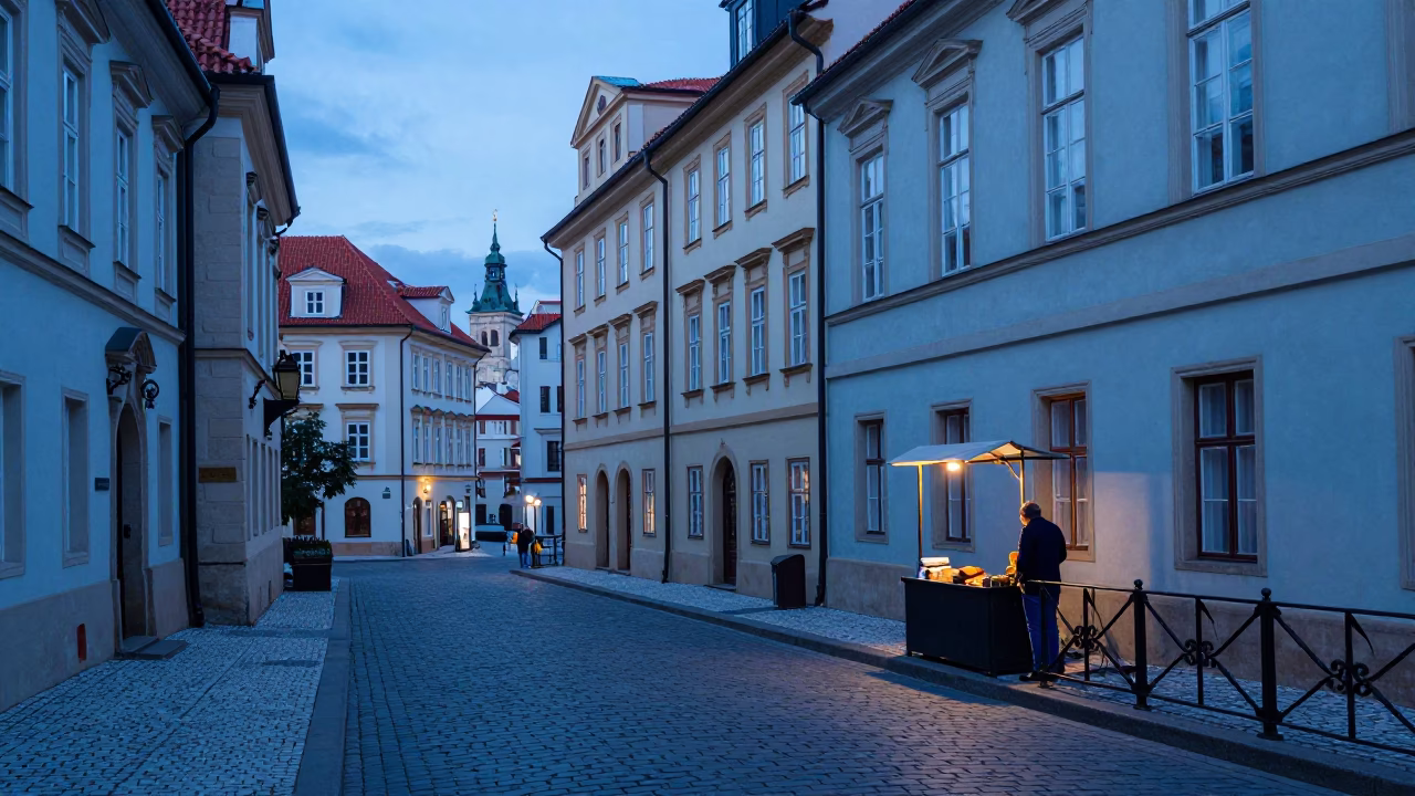 Nautical Dawn in Prague Street Scene with Blue and White Porcelain Bowl in in Prague, Czech Republic