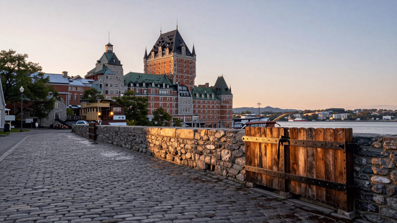 Nautical Dawn in Quebec City Old Port with Latch and Observatory Dome in in Quebec City, Quebec, Canada