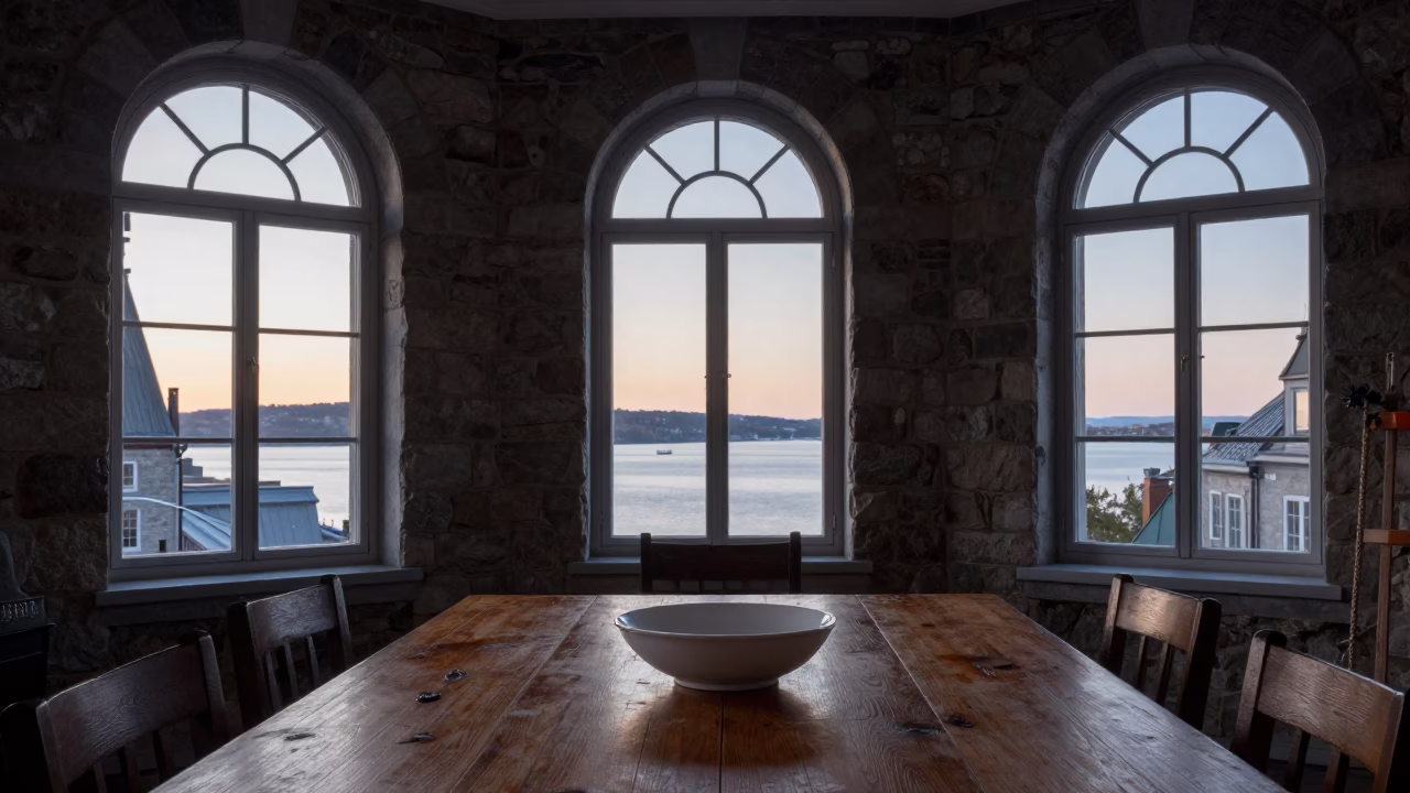 Nautical Dawn in Quebec City Old Port with Window Light and Porcelain Bowl in in Quebec City, Quebec, Canada