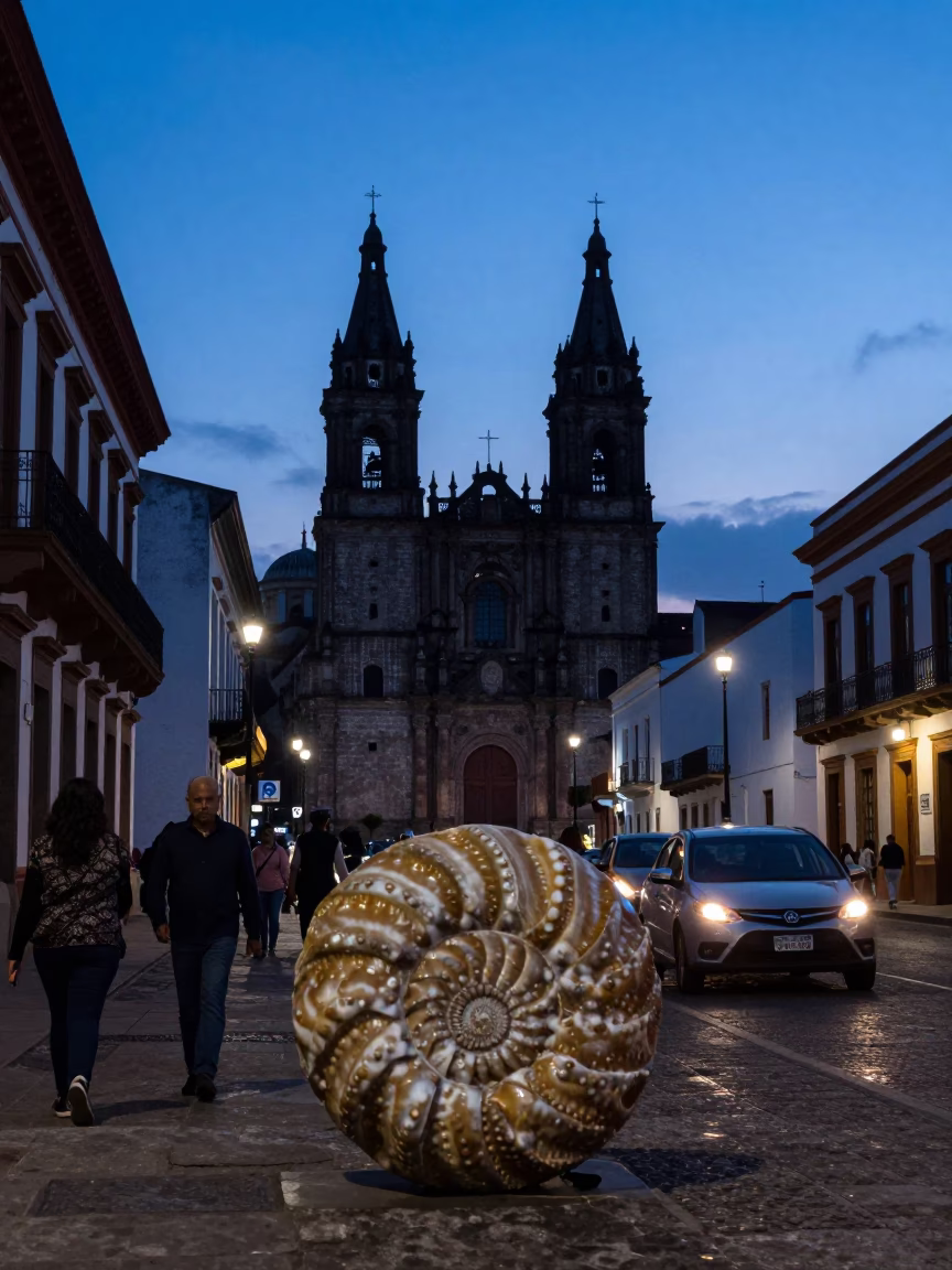 Nautical Dawn in Quito Ecuador Street Scene with Ammonite Fossil and Pitcher in in Quito, Ecuador