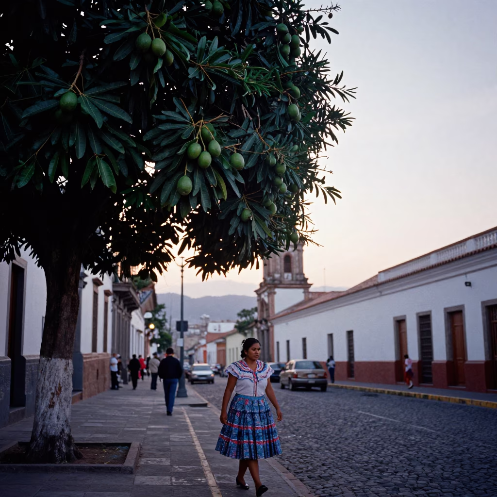 Nautical Dawn in Quito Ecuador Street Scene with Avocado Tree and Local Life in in Quito, Ecuador