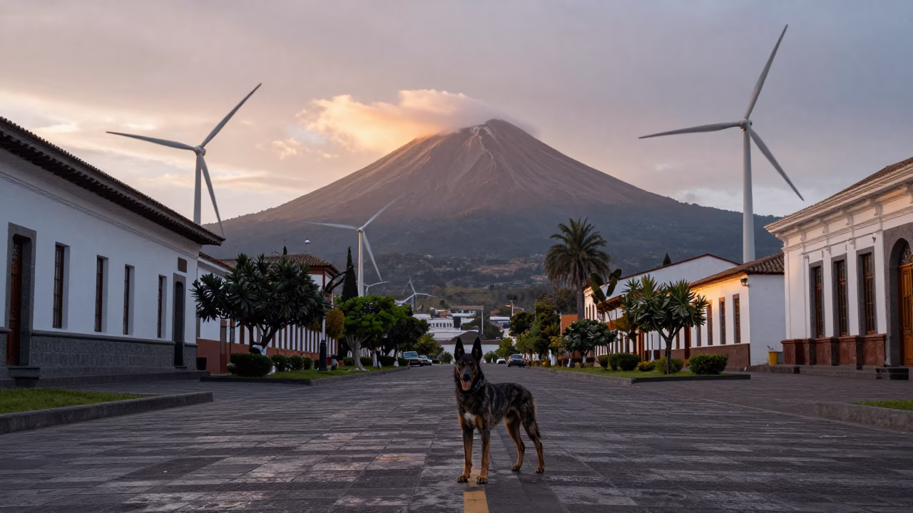 Nautical Dawn in Quito Ecuador Street Scene with Wind Farm and Cattle in in Quito, Ecuador