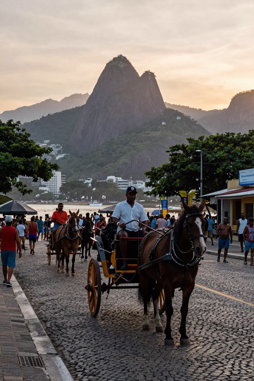Nautical Dawn in Rio de Janeiro Brazil Busy Street Scene with Horse Drawn Cart in in Rio de Janeiro, Brazil