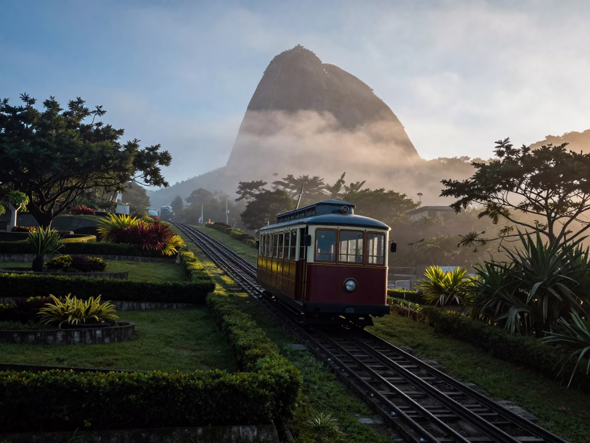 Nautical Dawn in Rio de Janeiro Funicular Railway Rising Past Terraced Gardens in in Rio de Janeiro, Brazil