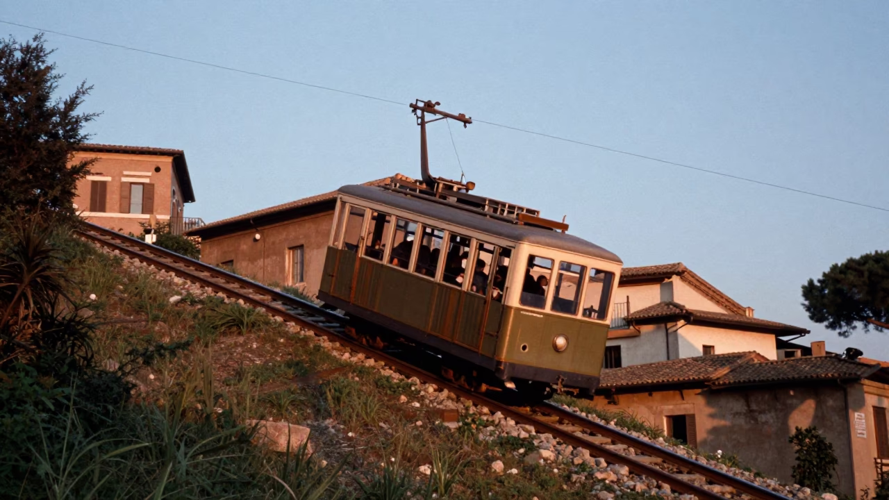 Nautical Dawn in Rome Italy Funicular Climbing Steep Hill Past Historic Architecture in in Rome, Italy