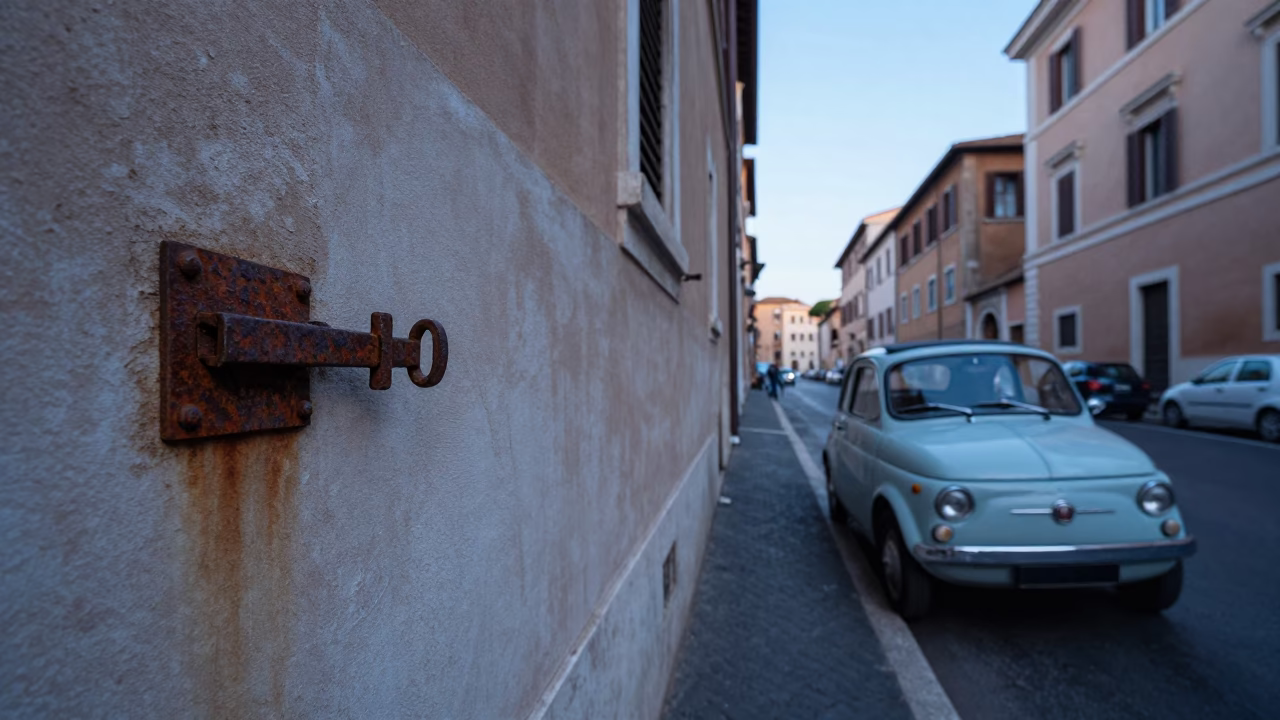 Nautical Dawn in Rome Italy Street Scene with Rusty Cabinet Latch Detail in in Rome, Italy