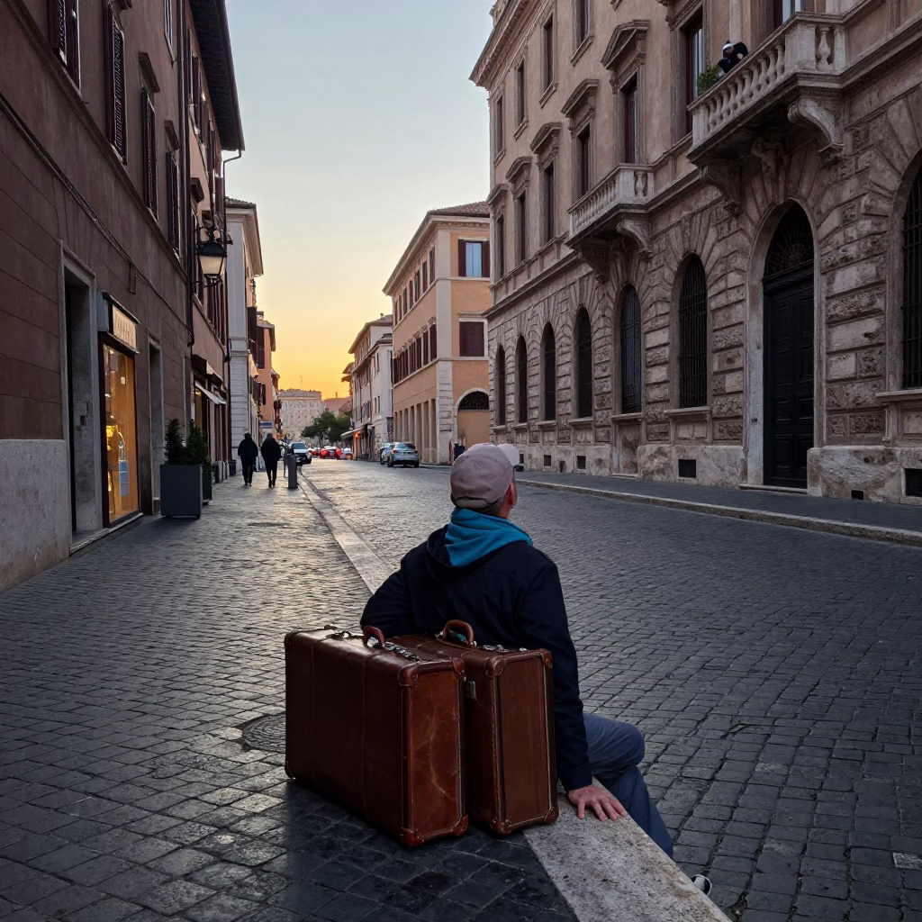 Nautical Dawn in Rome Italy with Vintage Suitcases and Street Life in in Rome, Italy