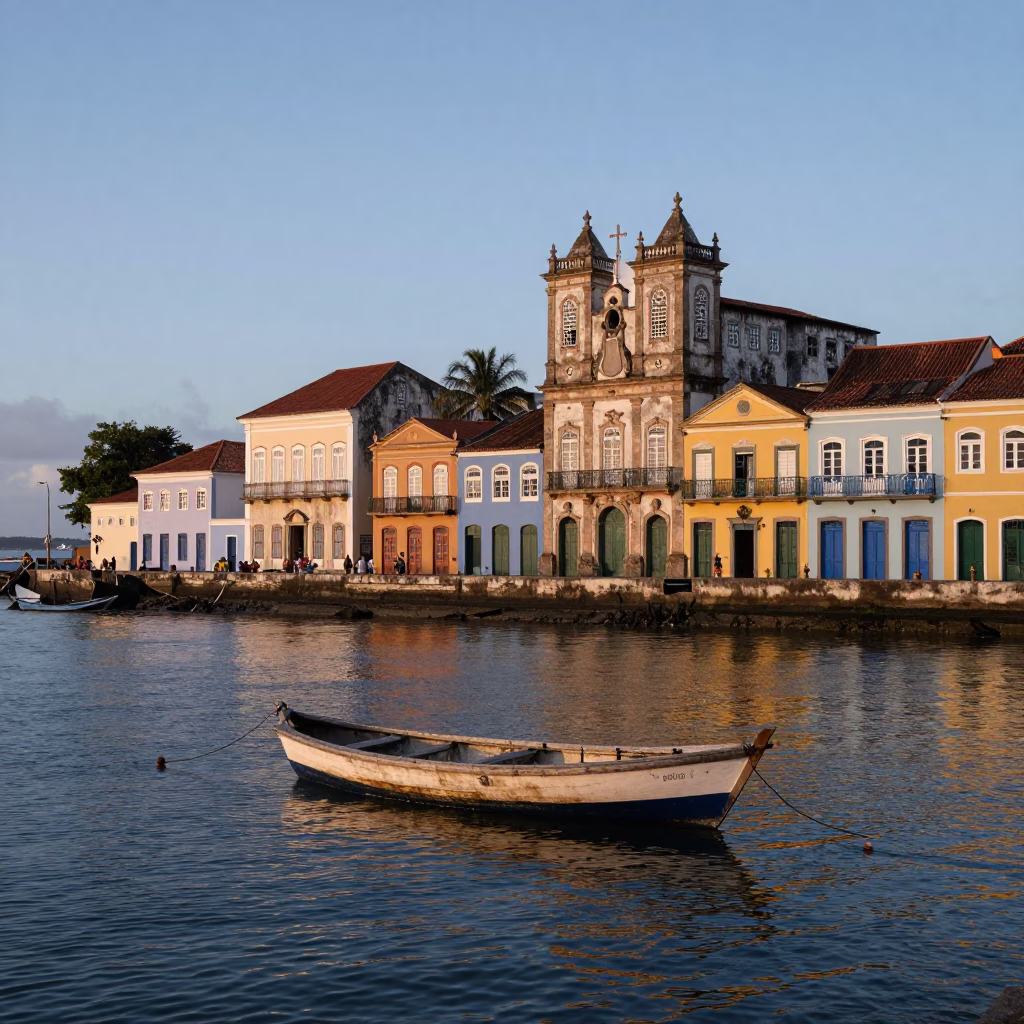 Nautical Dawn in Salvador Brazil Colonial Architecture and Coastal Waterfront in in Salvador, Brazil