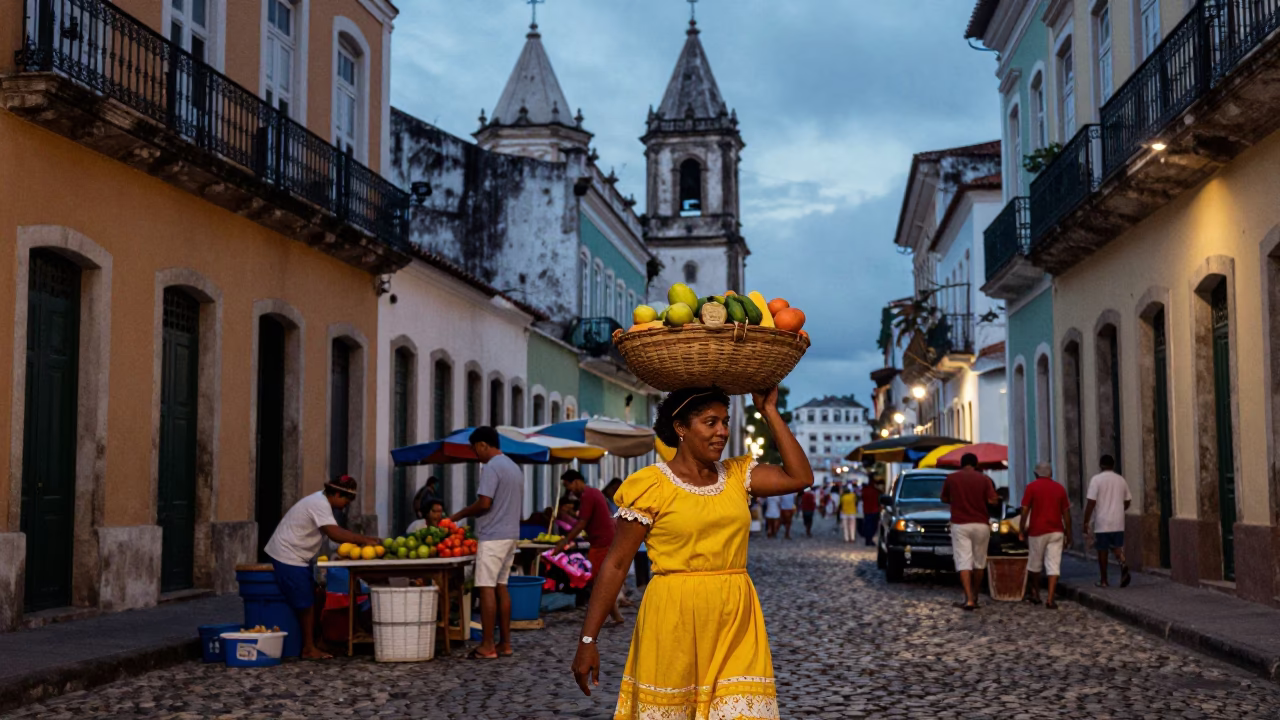 Nautical Dawn in Salvador Brazil Street Scene with Local Market Activity in in Salvador, Brazil