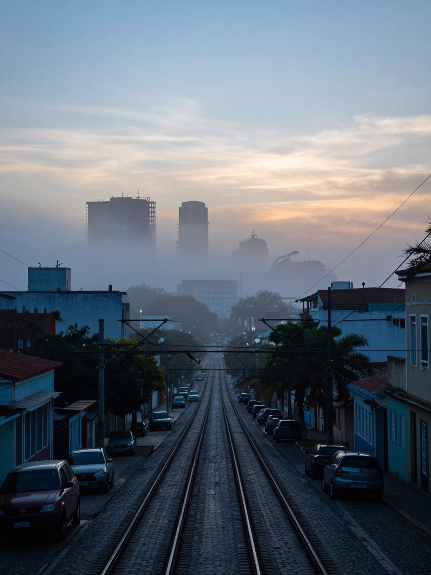 Nautical Dawn in Salvador Brazil Street Scene with Rail Catenary and Industrial Fog in in Salvador, Brazil