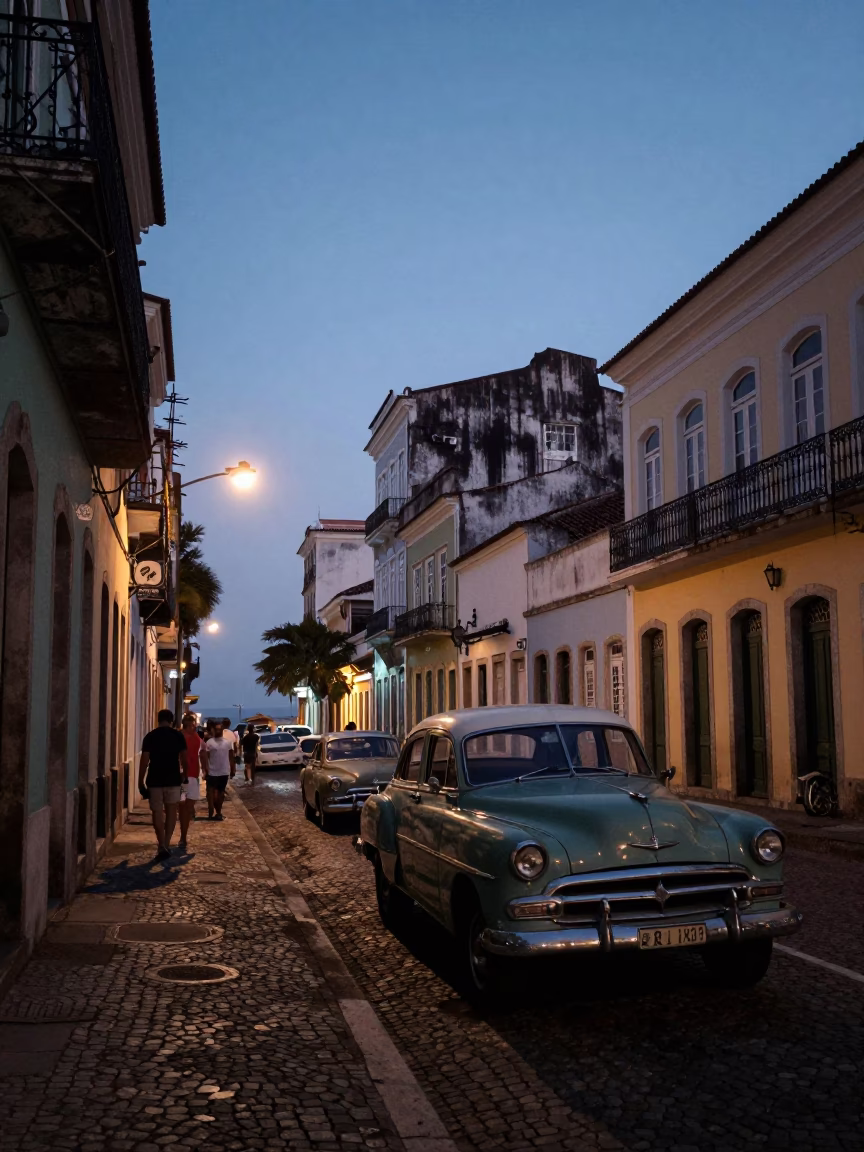 Nautical Dawn in Salvador Brazil Street Scene with Vintage Car and Cobblers in in Salvador, Brazil