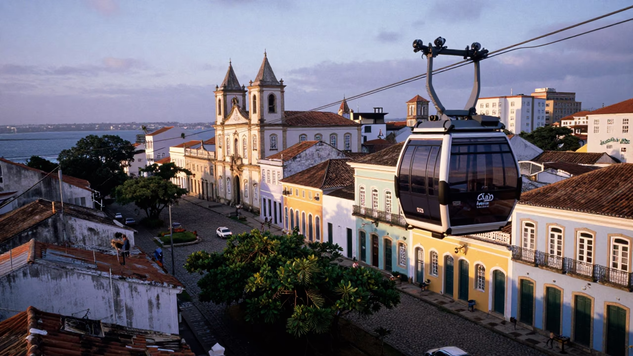 Nautical Dawn in Salvador Brazil with Aerial Tramway Gondola and Mangrove Roots in in Salvador, Brazil