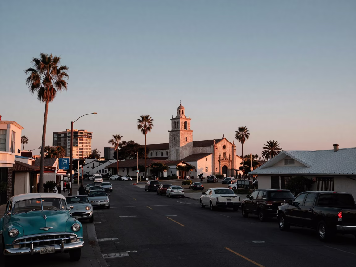 Nautical Dawn in San Diego California with Vintage 1950s Street Scene and Bell Tower in in San Diego, California, United States