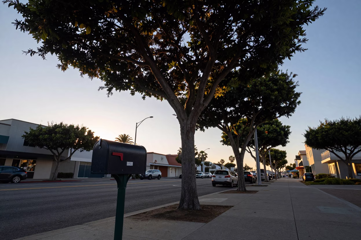 Nautical Dawn in San Diego Street Scene with Mailbox and Urban Tree in in San Diego, California, United States