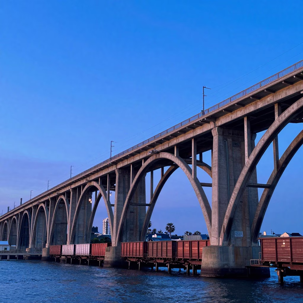 Nautical Dawn in San Diego with Railway Viaduct and Passing Freight Train in in San Diego, California, United States