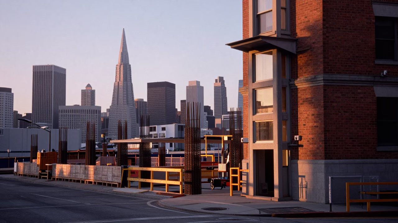 Nautical Dawn in San Francisco Construction Site with Rebar and Elevator Gate in in San Francisco, California, United States
