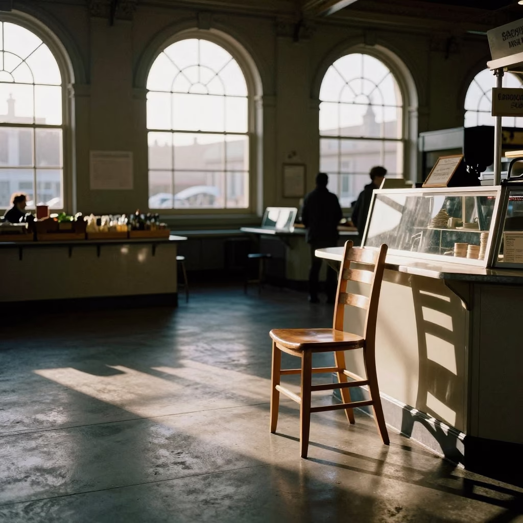 Nautical Dawn in San Francisco Ferry Building Market with Ladder-Back Chair and Doorknob in in San Francisco, California, United States
