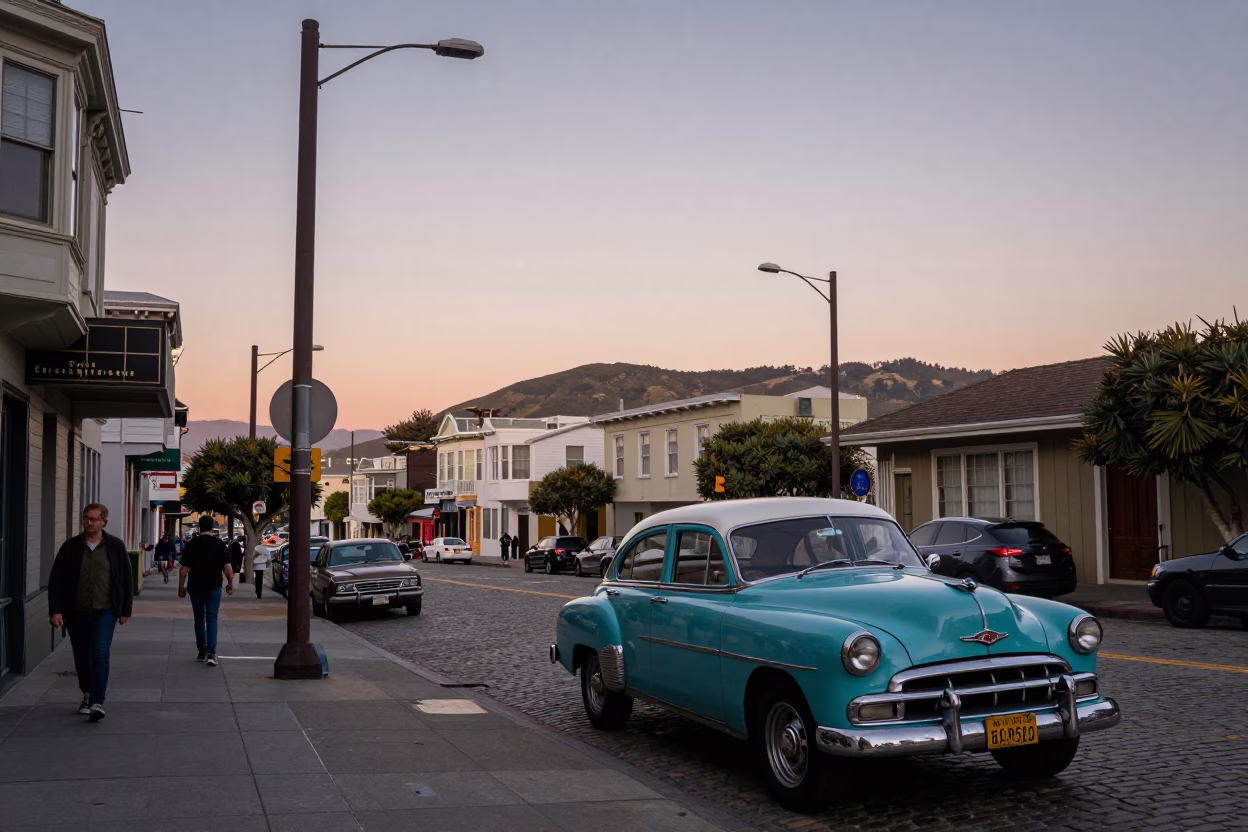 Nautical Dawn in San Francisco Street Scene with Vintage 1950s Details and Local Atmosphere in in San Francisco, California, United States