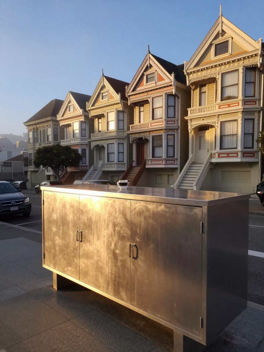 Nautical Dawn in San Francisco with Brushed Steel Cabinet and Coffee Grinder in in San Francisco, California, United States