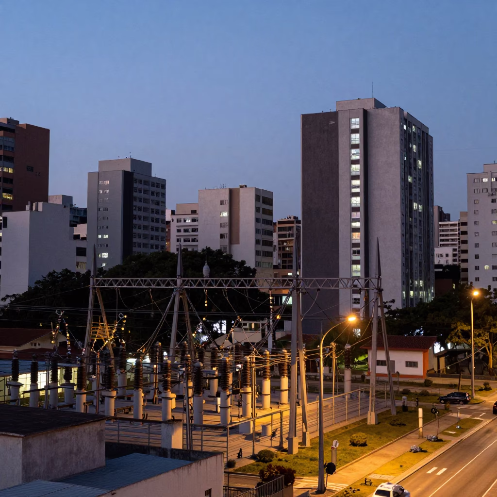 Nautical Dawn in São Paulo Brazil Substation Busbars and Urban Street Life in in São Paulo, Brazil