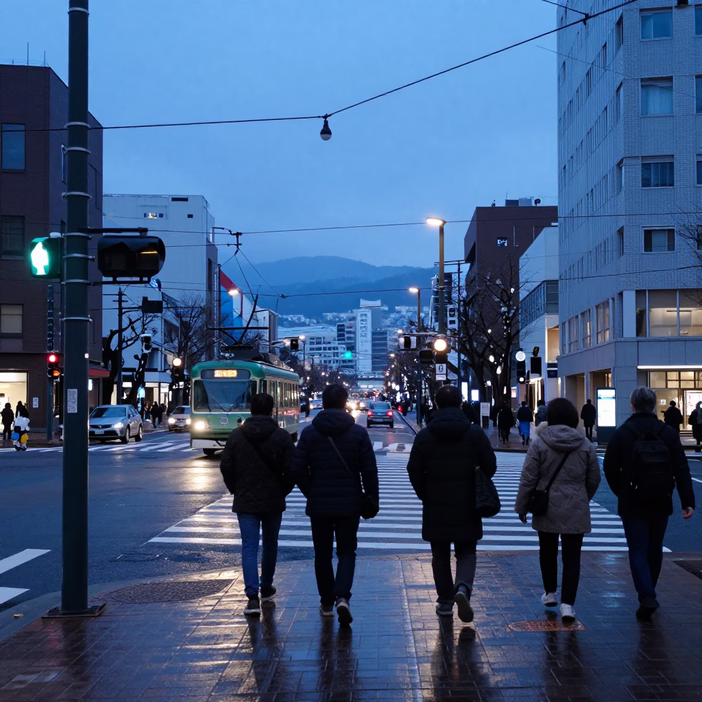 Nautical Dawn in Sapporo Japan Street Scene with Local Commuters and Urban Architecture in in Sapporo, Japan