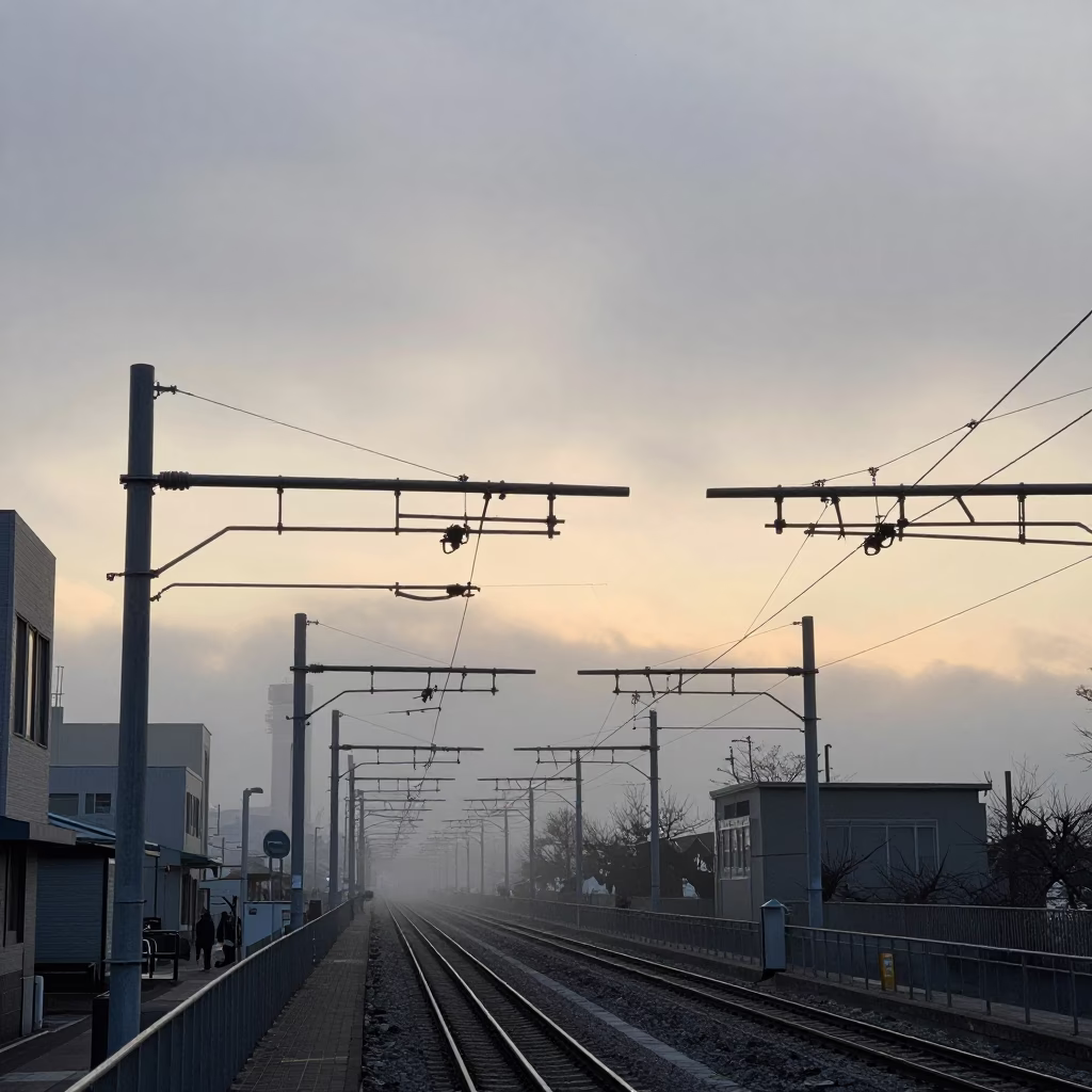 Nautical Dawn in Sapporo Japan Street Scene with Rail Catenary System and Urban Fog in in Sapporo, Japan