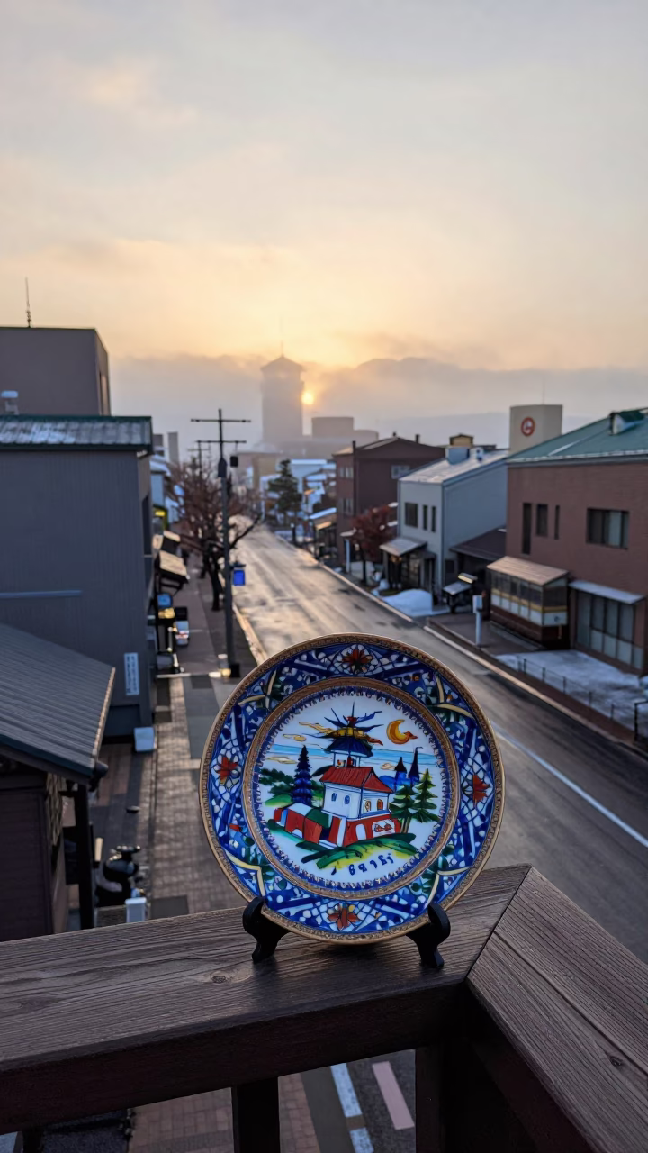 Nautical Dawn in Sapporo Japan with Vintage Majolica Plate and Cesky Terrier in in Sapporo, Japan
