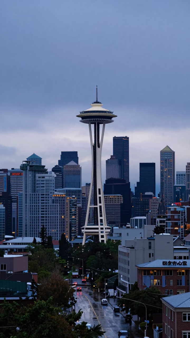 Nautical Dawn in Seattle Washington City Skyline and Harbor Activity in in Seattle, Washington, United States