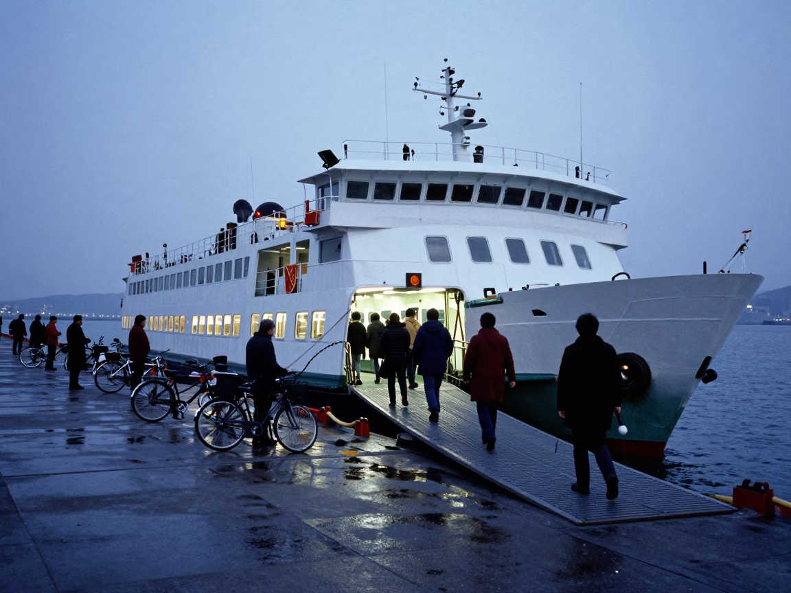 Nautical Dawn in Seoul South Korea Ferry Docking with Passengers and Bicycles in in Seoul, South Korea