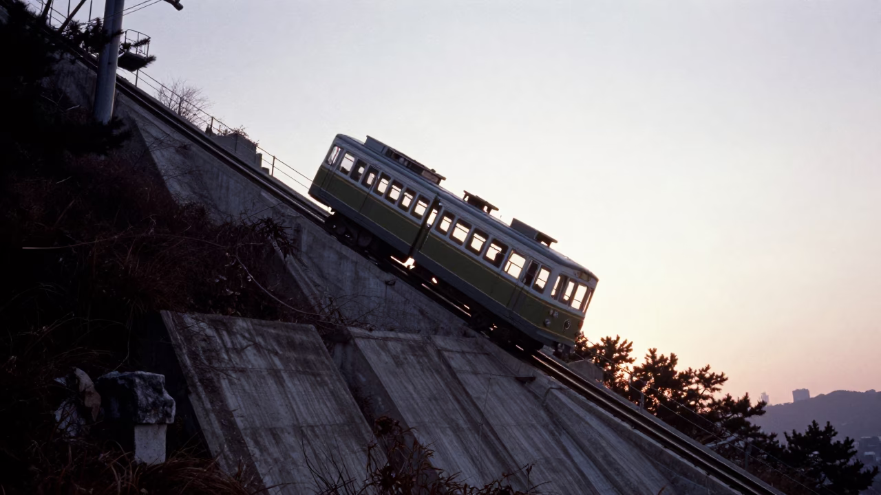 Nautical Dawn in Seoul South Korea Funicular Climbing Steep Hill Past Concrete University Tower in in Seoul, South Korea