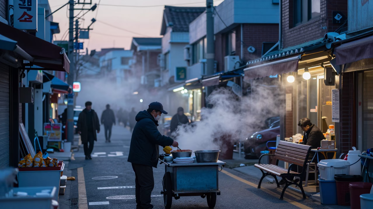 Nautical Dawn in Seoul South Korea Street Scene with Steam Haze and Urban Elements in in Seoul, South Korea