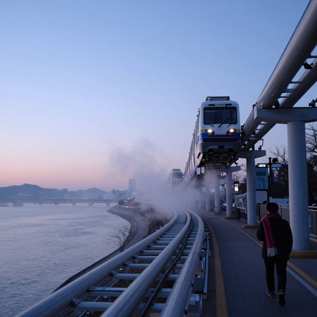 Nautical Dawn in Seoul South Korea with Monorail and Steam Haze in in Seoul, South Korea