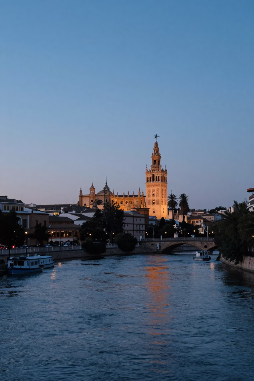 Nautical Dawn in Seville Spain Cityscape and Early Morning River Activity in in Seville, Spain