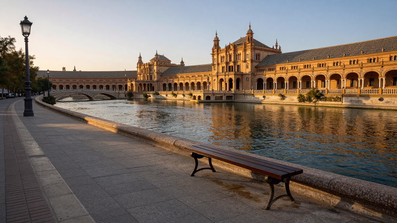 Nautical Dawn in Seville Spain Riverbank and Historic Architecture in in Seville, Spain