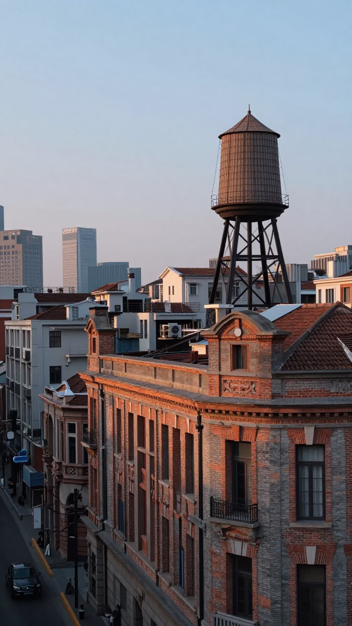 Nautical Dawn in Shanghai China Street Scene with Rooftop Water Tower and Urban Life in in Shanghai, China