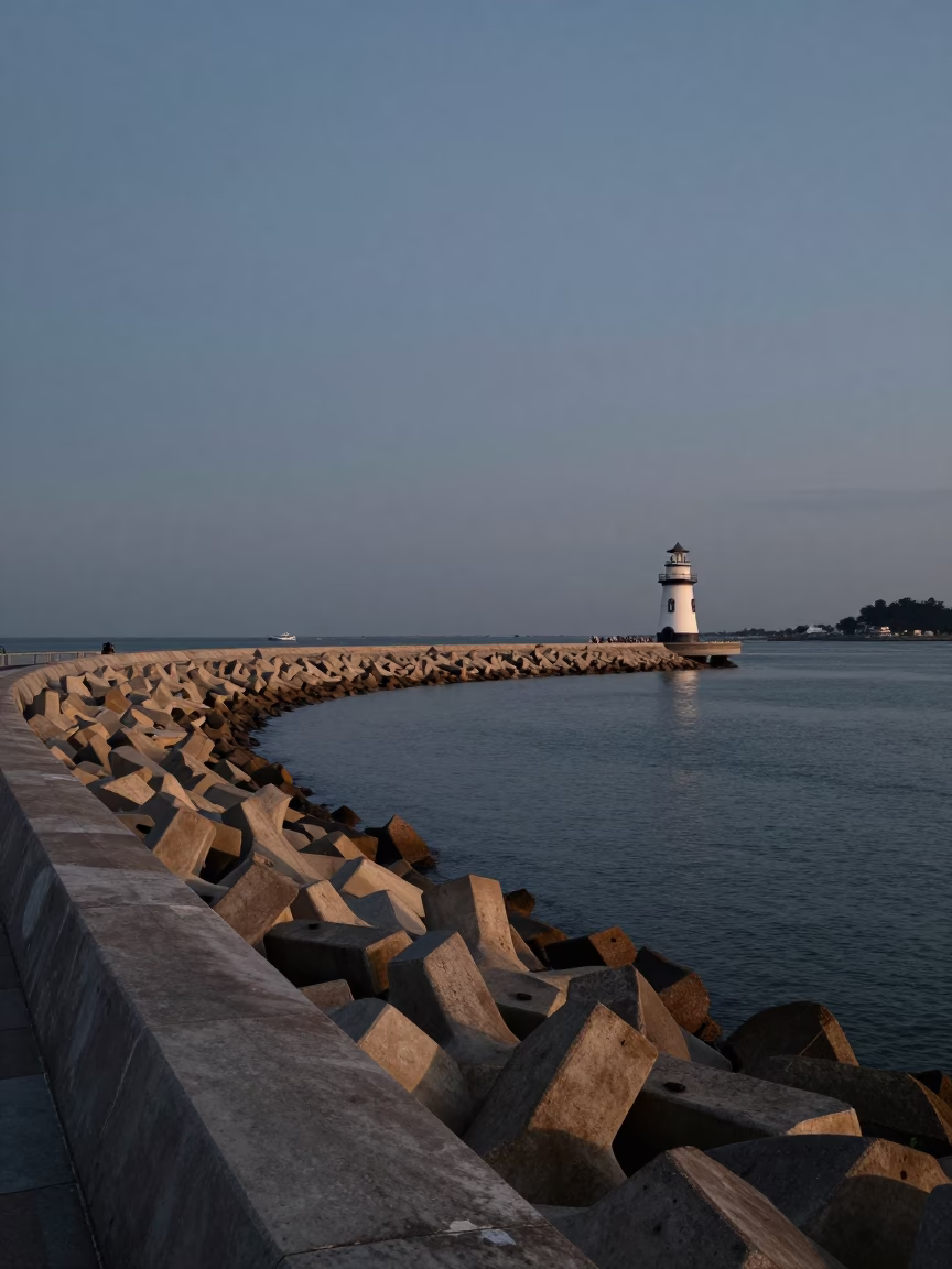 Nautical Dawn in Singapore Harbor with Breakwater Curve and Lonely Beacon in in Singapore, Singapore