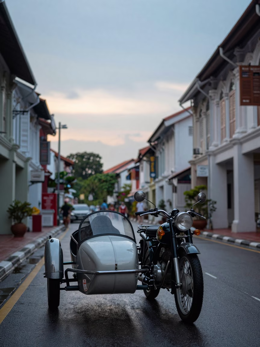 Nautical Dawn in Singapore Street Scene with Vintage Motorcycle Sidecar and Polished Brass in in Singapore, Singapore